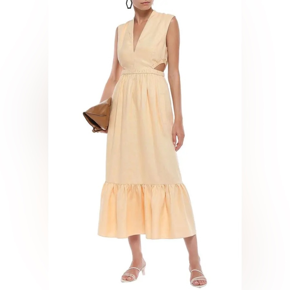 ❤️shorter version❤️TIBI LINEN CANVAS V-NECK CUT OUT DRESS - BISCOTTI